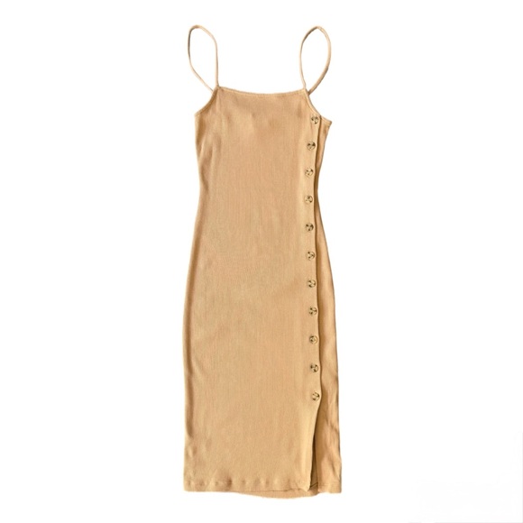 French Connection Tan Midi Dress with Button Detail - Picture 1 of 6